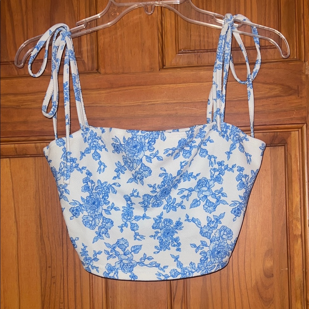 SHEIN White Crop Top with Blue Floral Tie-Straps
